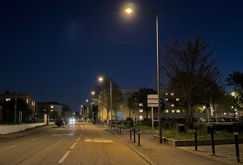Avenue de Gail &agrave; Obernai de nuit avec &eacute;clairage public
